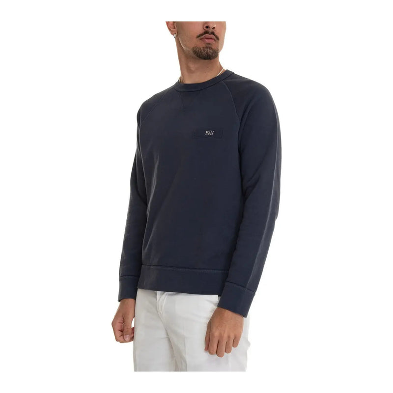 Dark navy blue fay men knitwear cotton crewneck sweatshirt with small embroidered logo on left chest