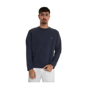 Navy blue crewneck cotton sweater by Fay men knitwear with subtle white embroidered logo on the left chest