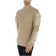 G-star men knitwear beige long cotton sweater with ribbed texture and off-white patch panels on sleeves