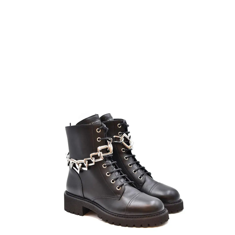 Schwarze Damen-Ankle-Boots aus Leder von Giuseppe Zanotti mit silbernen Kettenakzenten und Reißverschluss
