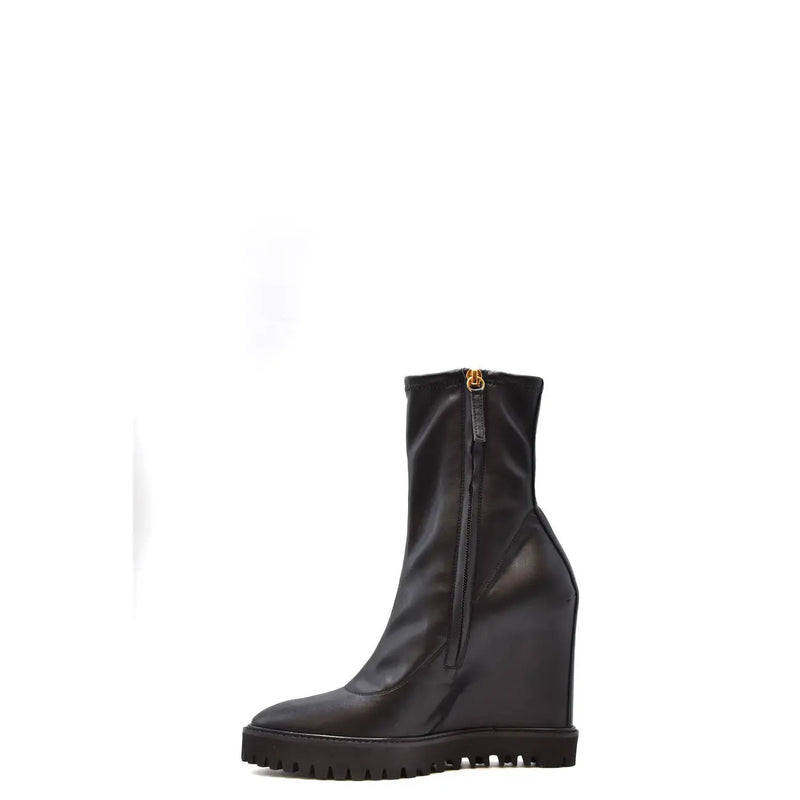 Schwarze Damen-Keilstiefelette aus Leder von Giuseppe Zanotti mit goldfarbenem Reißverschlussanhänger und Blockabsatz