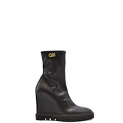 Schwarze Damen-Keilstiefelette aus Leder von Giuseppe Zanotti mit goldenem Krokodil-Logo am Knöchel