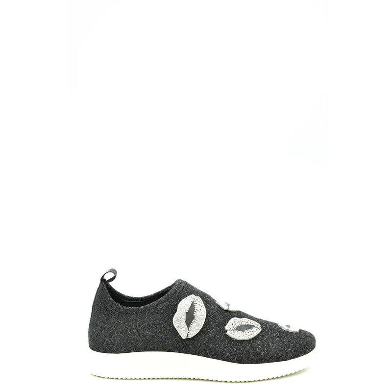 Schwarzer Damen-Sneaker von Giuseppe Zanotti aus Nylon zum Hineinschlüpfen mit schwarzem Glitzer und silbernen, kussförmigen Verzierungen an der Seite