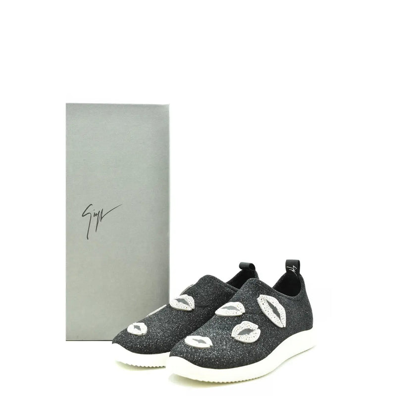 Schwarze Nylon-Sneaker von Giuseppe Zanotti für Damen zum Hineinschlüpfen mit schwarzem Glitzer, weißen gestickten Lippen und weißen Sohlen