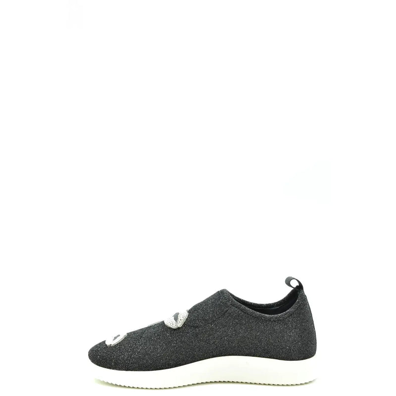 Schwarzer Damen-Sneaker von Giuseppe Zanotti aus Nylon zum Hineinschlüpfen mit schwarzem Glitzer-Obermaterial, weißer Sohle und silbernen, verzierten Augendetails