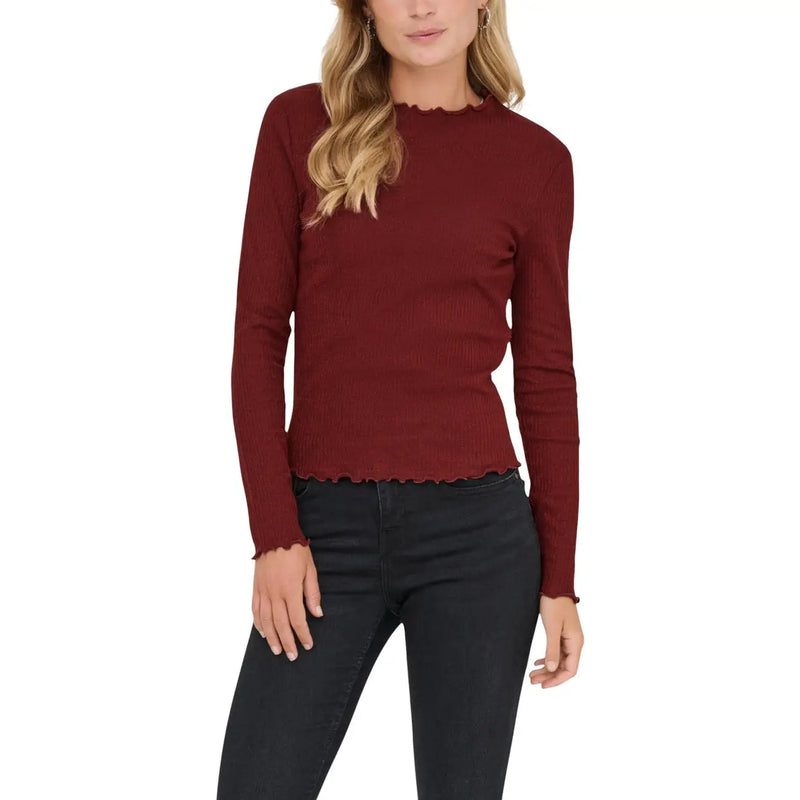 Grauer, langärmeliger, gerippter, bordeauxroter Strickpullover aus Baumwollmischgewebe mit geschwungenem Halsausschnitt
