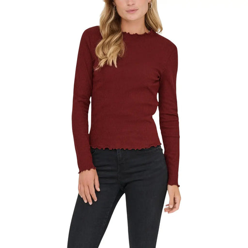 Grauer, langärmeliger, gerippter, bordeauxroter Strickpullover aus Baumwollmischgewebe mit geschwungenem Halsausschnitt