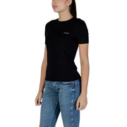 Schwarz guess active Kurzarm-T-Shirt aus Baumwolle für Damen mit Rundhalsausschnitt und dezentem, weißem Logo auf der linken Brustseite.