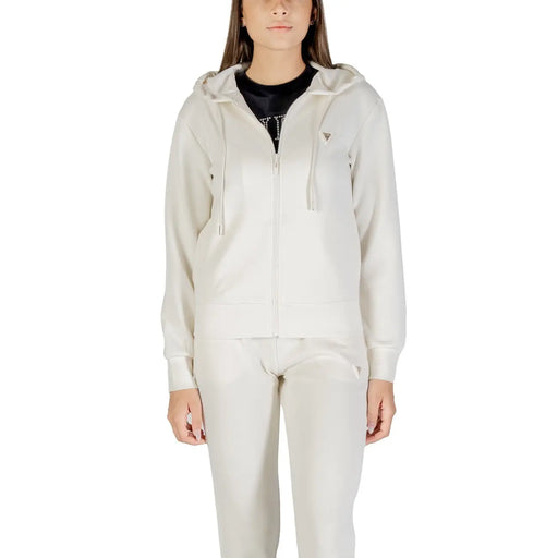 Women wearing beige full-zip hooded tracksuit with black T-shirt, Guess Active Women sweatshirt