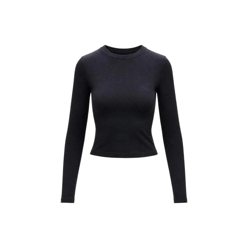 Guess active Schwarzes, langärmeliges Crop-Top aus Viskose für Damen top mit dezentem, gesticktem Logo auf der Brust