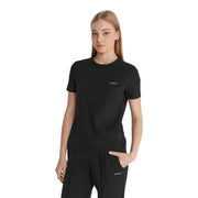 Schwarz Guess active Damen-Baumwoll-T-Shirt „Tracey“ mit dezenter weißer Logostickerei, kombiniert mit passender Hose