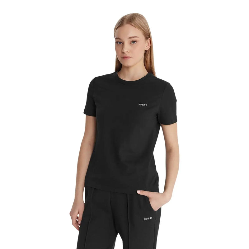 Schwarz Guess active Damen-Baumwoll-T-Shirt „Tracey“ mit dezenter weißer Logostickerei, kombiniert mit passender Hose