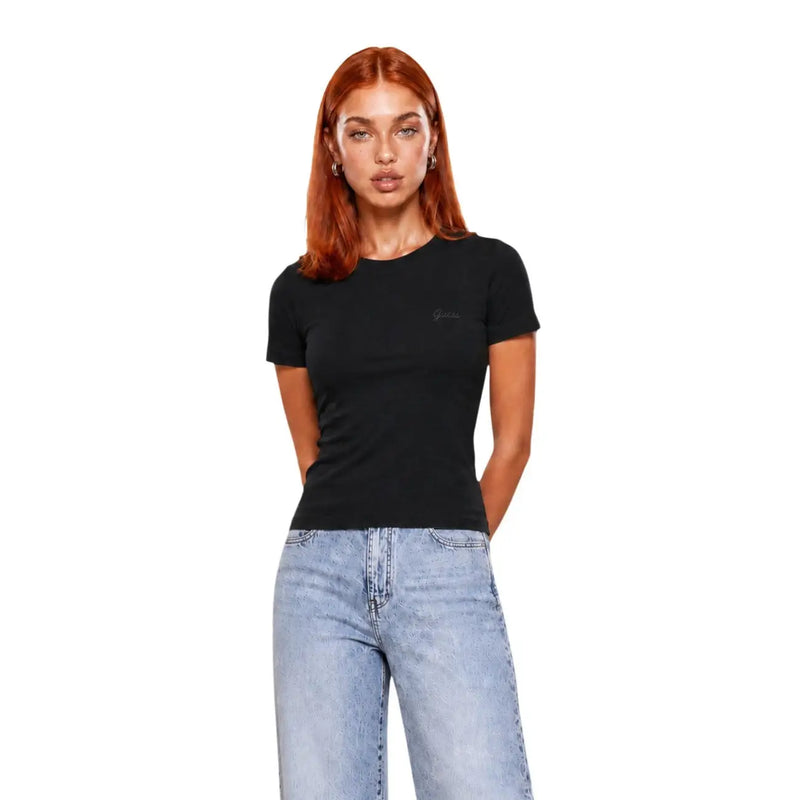Schwarz Guess active Kurzarm-T-Shirt aus Viskose für Damen mit dezentem, gesticktem Logo auf der linken Brust für den Alltag.