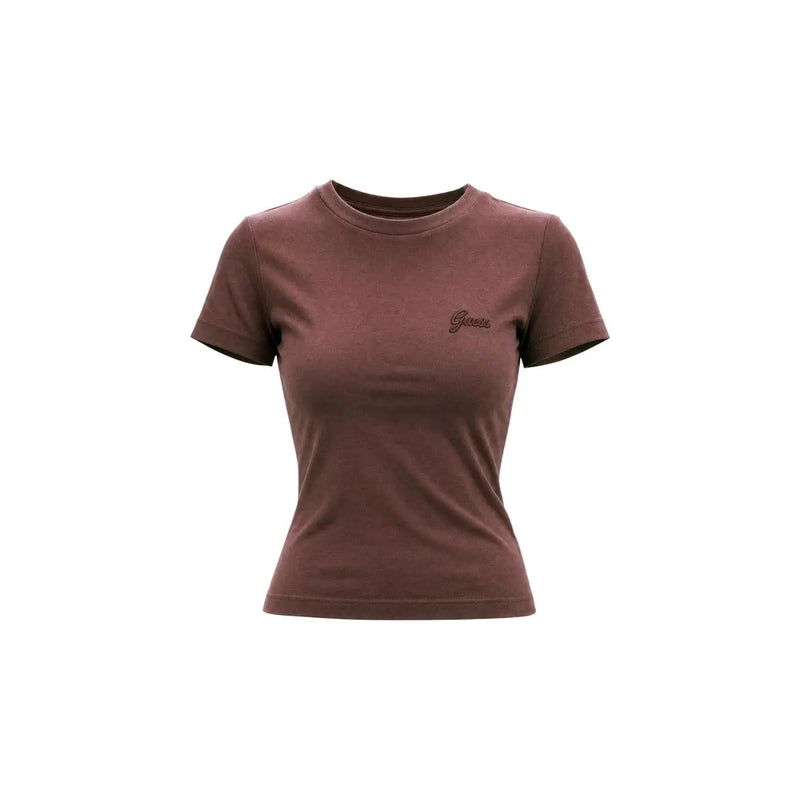 Ein Braun Guess Active Klassisches kurzes Damen-T-Shirt aus Viskose mit kurzen Ärmeln und dezentem, gesticktem Logo auf der Brust