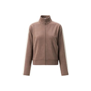 Guess Active Damen-Sweatshirt in Braun mit Reißverschluss, taupefarbene Trainingsjacke mit Reißverschluss aus Polyestergemisch mit weißen Seitenstreifen und hohem Kragen