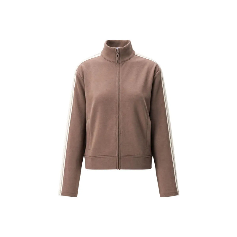Guess Active Damen-Sweatshirt in Braun mit Reißverschluss, taupefarbene Trainingsjacke mit Reißverschluss aus Polyestergemisch mit weißen Seitenstreifen und hohem Kragen