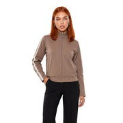 Guess active Damen-Sweatshirt in Braun mit Reißverschluss, Trainingsjacke aus Polyestergemisch in Taupe mit Reißverschluss und weißen Streifen an den Ärmeln