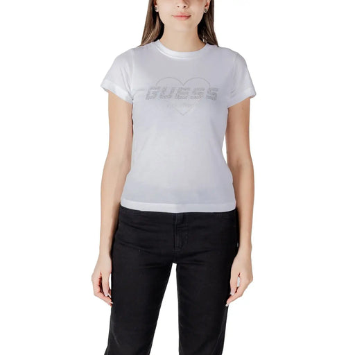 White short-sleeve T-shirt with GUESS logo inside a heart design for women