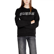 Guess active women’s black sweatshirt with round neck and glittery silver print across the chest