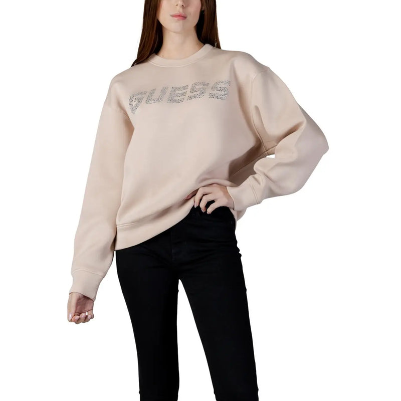 Guess Active Schwarzes Damen-Sweatshirt mit beigefarbenem, silberglänzendem Logo