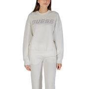 Guess Active Schwarzes Damen-Sweatshirt mit glitzerndem silbernen Aufdruck und Rundhalsausschnitt