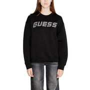 Black sweatshirt featuring sparkly silver GUESS logo across the chest for women
