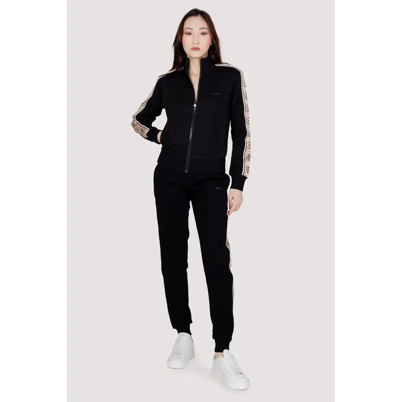 Guess Active women’s black zip sweatshirt with white and pink patterned stripes made of 100 percent cotton