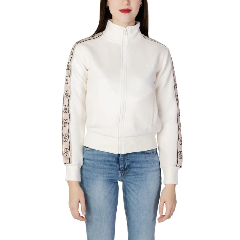 Cream-colored Guess Active women’s zip-up track jacket with black embroidered logo stripes 100% cotton material