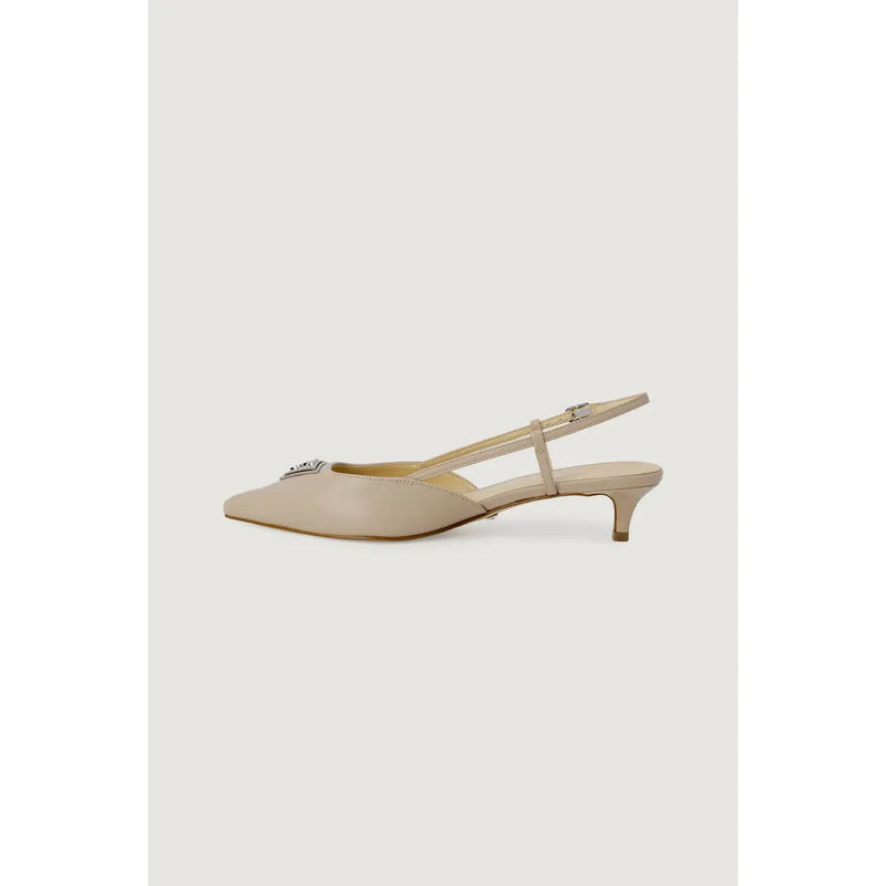 Guess Beigefarbene Slingback-Pumps aus Leder mit spitzer Zehenpartie und kleiner metallischer Schleife, Größe 4