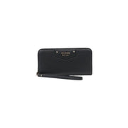 Black textured leather Guess women wallet with wrist strap and metallic logo plaque from spring summer collection
