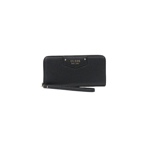 Black textured leather Guess women wallet with wrist strap and metallic logo plaque from spring summer collection