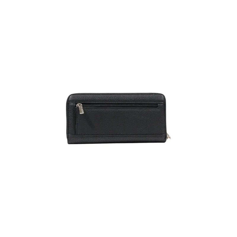 Guess black polyurethane women wallet spring summer collection featuring textured design with silver zipper accents