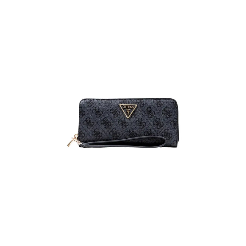 Schwarz guess Geldbörse mit Reißverschluss, grauem Logodruck, mehreren Fächern und goldfarbenem, dreieckigem Markenemblem