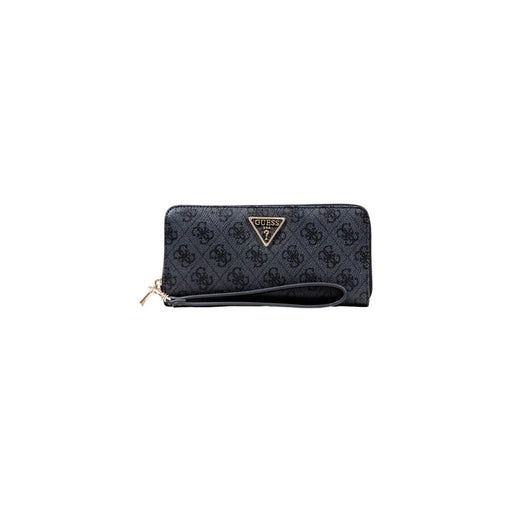 Schwarz guess Geldbörse mit Reißverschluss, grauem Logodruck, mehreren Fächern und goldfarbenem, dreieckigem Markenemblem