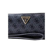 Guess Graue, bedruckte Reißverschluss-Geldbörse mit Handgelenkschlaufe in Schwarz mit sich wiederholendem Monogrammmuster und goldfarbenem dreieckigem Logo
