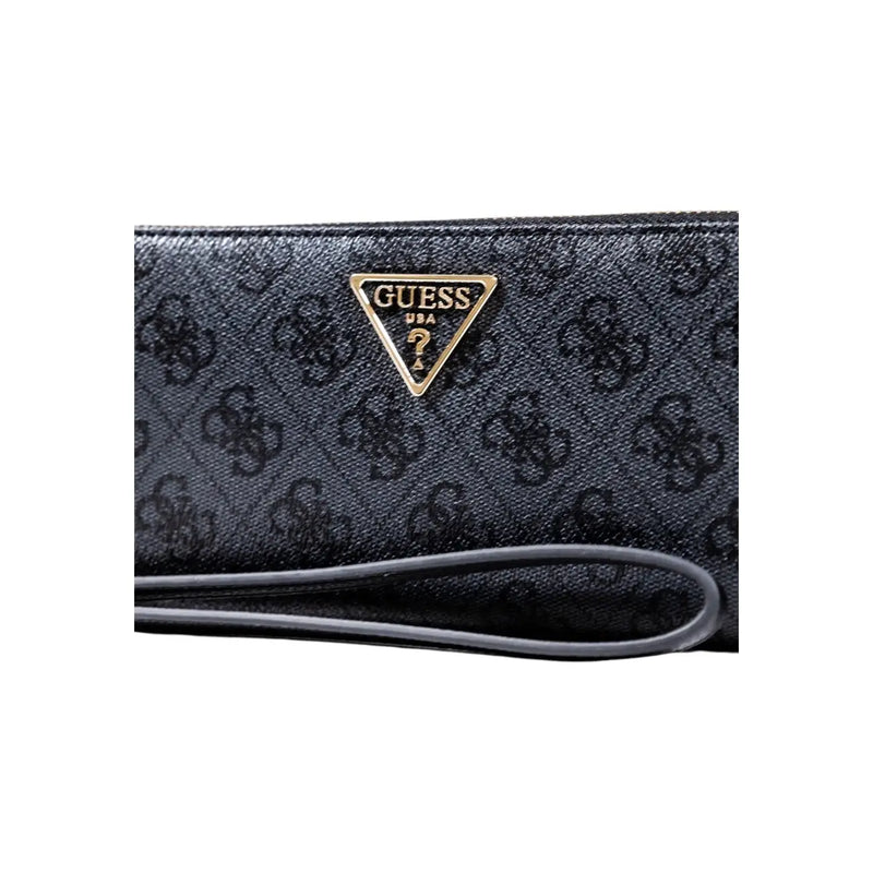 Guess Graue, bedruckte Reißverschluss-Geldbörse mit Handgelenkschlaufe in Schwarz mit sich wiederholendem Monogrammmuster und goldfarbenem dreieckigem Logo