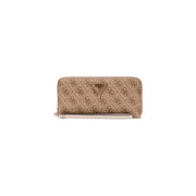 Beige Guess Geldbörse mit Reißverschluss, sich wiederholendem Logomuster und passendem Handgelenkriemen mit mehreren Fächern