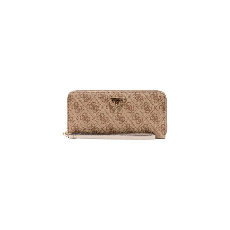 Beige Guess Geldbörse mit Reißverschluss, sich wiederholendem Logomuster und passendem Handgelenkriemen mit mehreren Fächern
