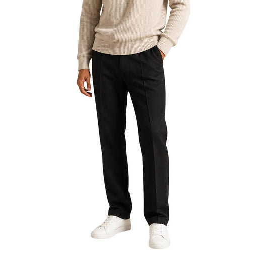 Guess Schwarze Herren-Baumwollhose mit normaler Beinlänge, elegantem geradem Schnitt und dezenten Bundfalten vorne.