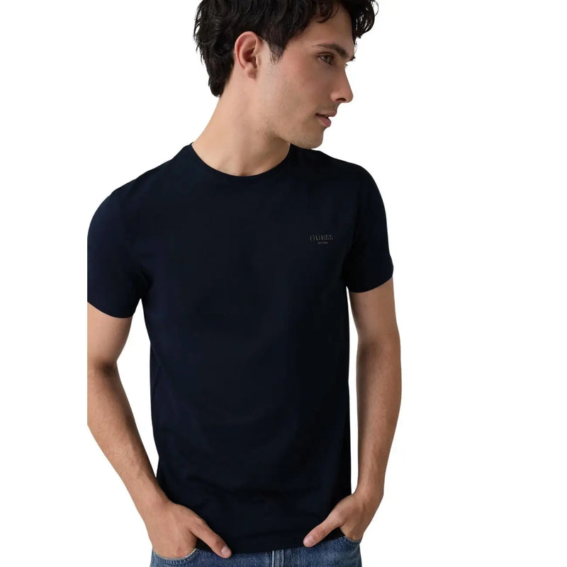 Schwarz guess Herren-T-Shirt aus Baumwolle mit Rundhalsausschnitt und dezentem, gesticktem Logo auf der linken Brust in extra schmaler Passform