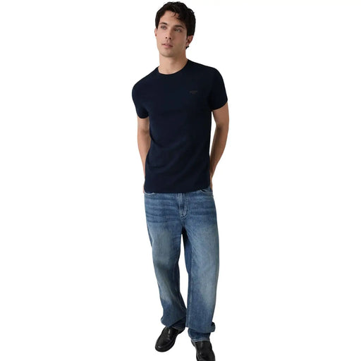 Guess Herren marineblaues Baumwoll-T-Shirt für Herren, extra schmal geschnitten, kurzärmelig, Rundhalsausschnitt t-shirt mit dezentem, gesticktem Logo auf der linken Brust