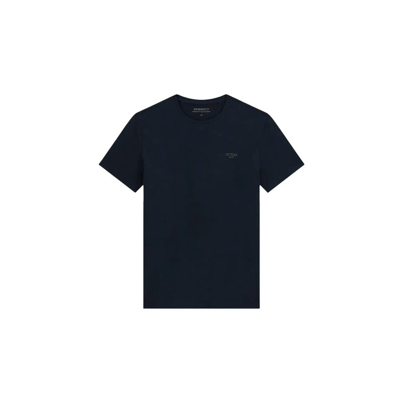 Ein elegantes Schwarz Guess Herren-T-Shirt aus Baumwolle mit Rundhalsausschnitt und dezentem, gesticktem Logo auf der Brust in extra schmaler Passform