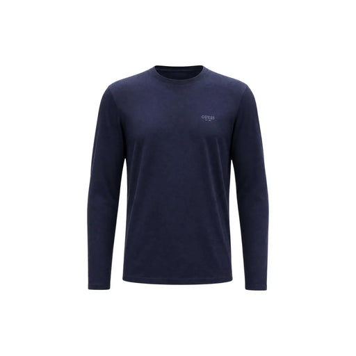 Guess Blaues, schmal geschnittenes Herren-T-Shirt aus Baumwolle mit dunkelblauen, langärmeligem Rundhalsausschnitt und dezentem, gesticktem Logo auf der linken Brust.