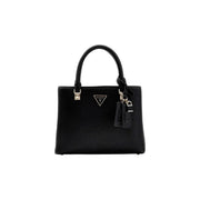 Guess Schwarze Handtasche aus strukturiertem Leder mit silberfarbenen Beschlägen und Logo-Anhänger