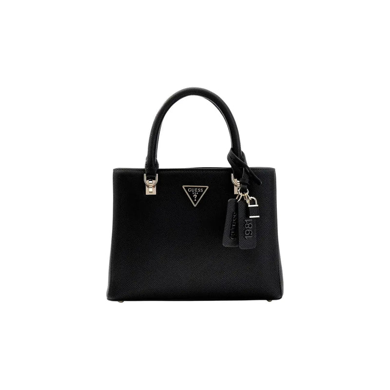Guess Schwarze Handtasche aus strukturiertem Leder mit silberfarbenen Beschlägen und Logo-Anhänger