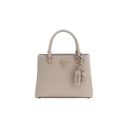 Guess beige textured leather handbag with gold hardware, triangular logo