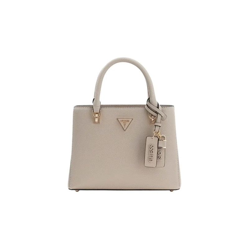 Guess beige textured leather handbag with gold hardware, triangular logo