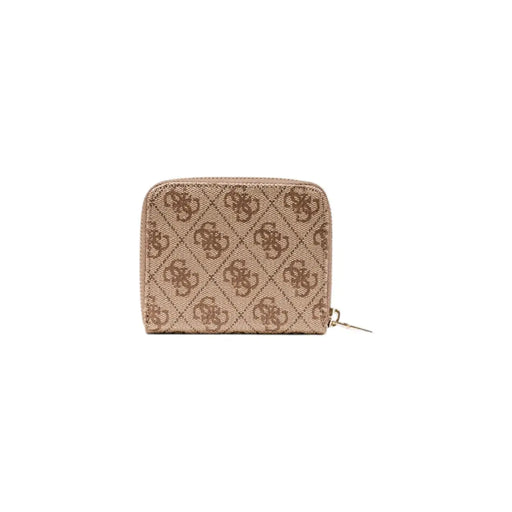 Beige Guess women zip wallet with repeating monogram print and gold-tone zipper from fall winter collection