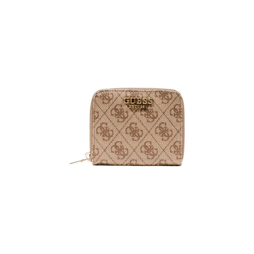Beige Guess women zip wallet with repeating monogram pattern and gold-tone zipper from fall winter collection