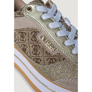 Guess Beige Damen-Sneaker aus Polyester zum Hineinschlüpfen mit goldenem Glitzer, braun gemustertem Stoff, hellblauen Schnürsenkeln und metallischem Logo